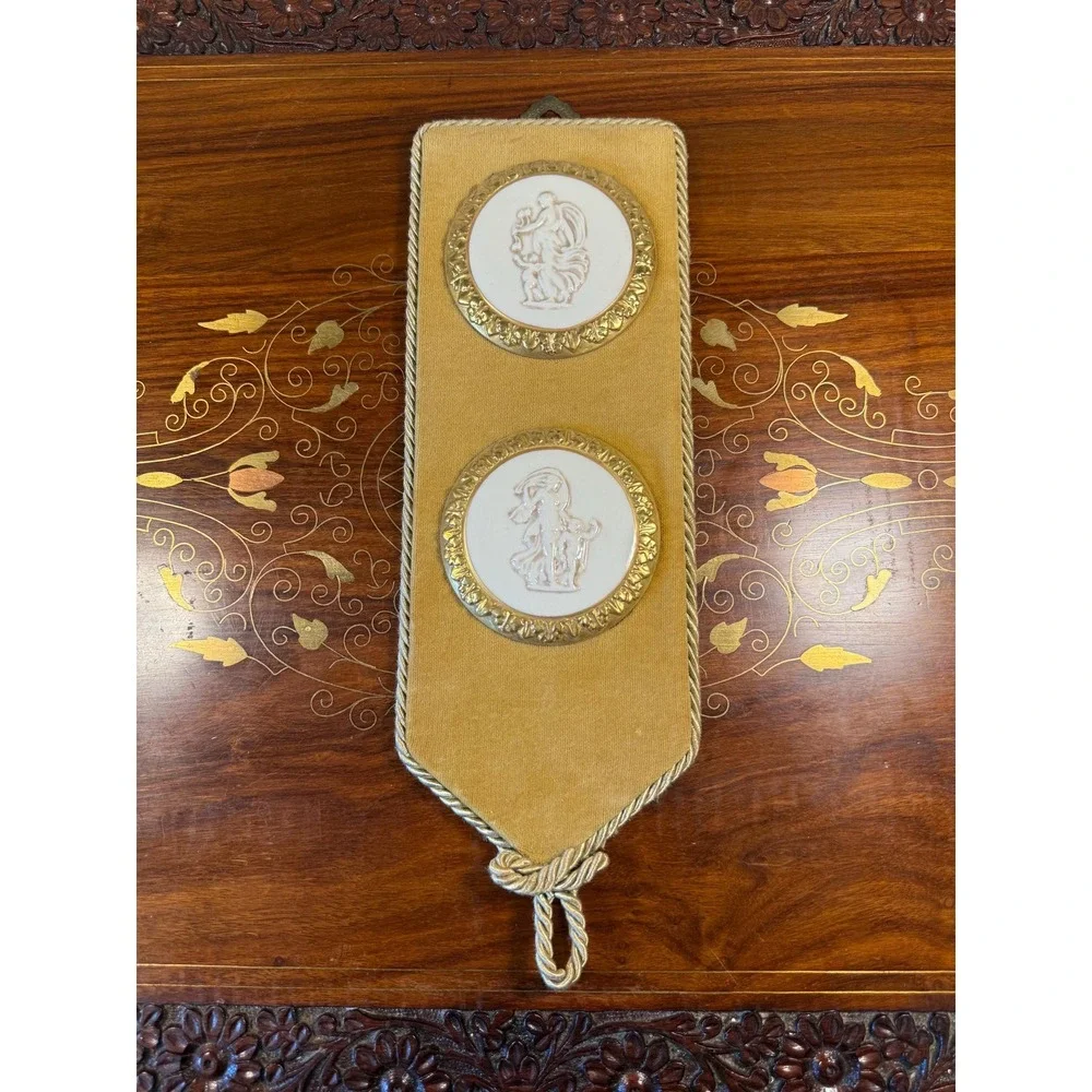 Vintage Italian Porcelain Cameo Wall Plaque • Brass Relief Velvet Wall Hanging